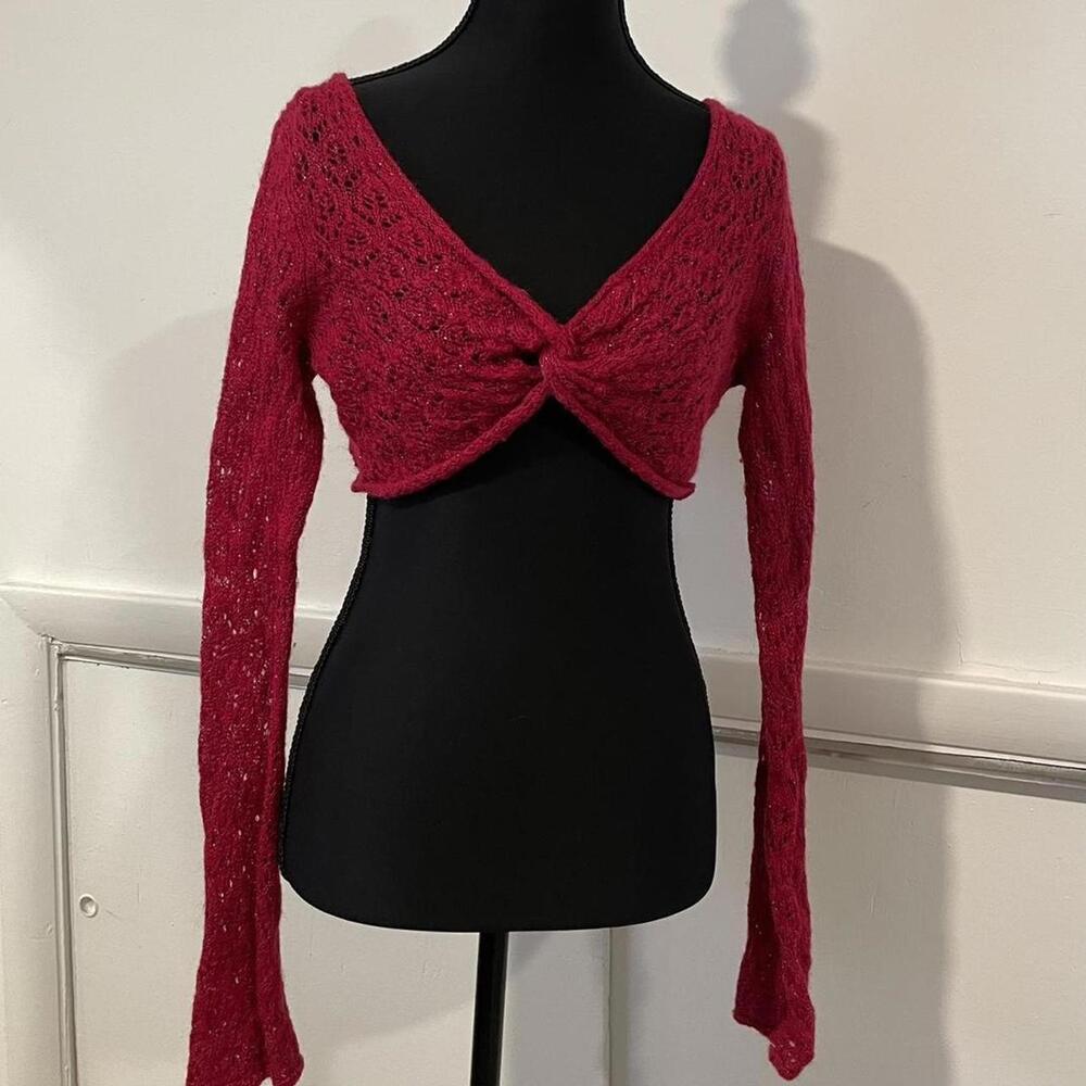DKNY Jeans Juniors red Cropped Twist Front Cardigan Sweater Size M